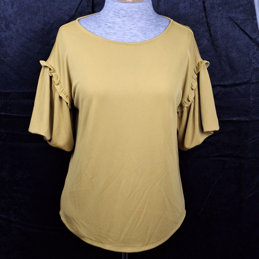 Ann Taylor Sm Chartreuse Yellow Ruffle Blouson Sleeve Blouse Flowy Stretchy